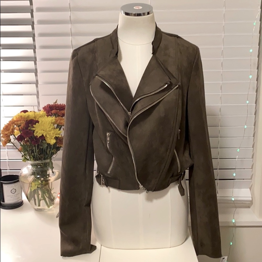 MOD Dark Olive Green Faux Suede Moto Jacket